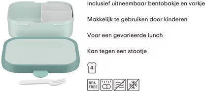 Mintgroene Mepal lunchbox met uitneembaar bentobakje en vorkje, kindvriendelijk en praktisch voor gevarieerde lunch