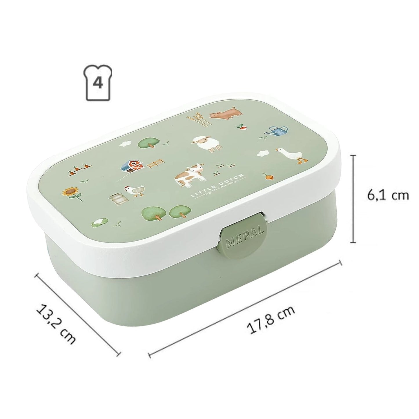 Little Farm Mepal lunchbox van Little Dutch met afmetingen 17,8 x 13,2 cm, geschikt voor vier boterhammen.