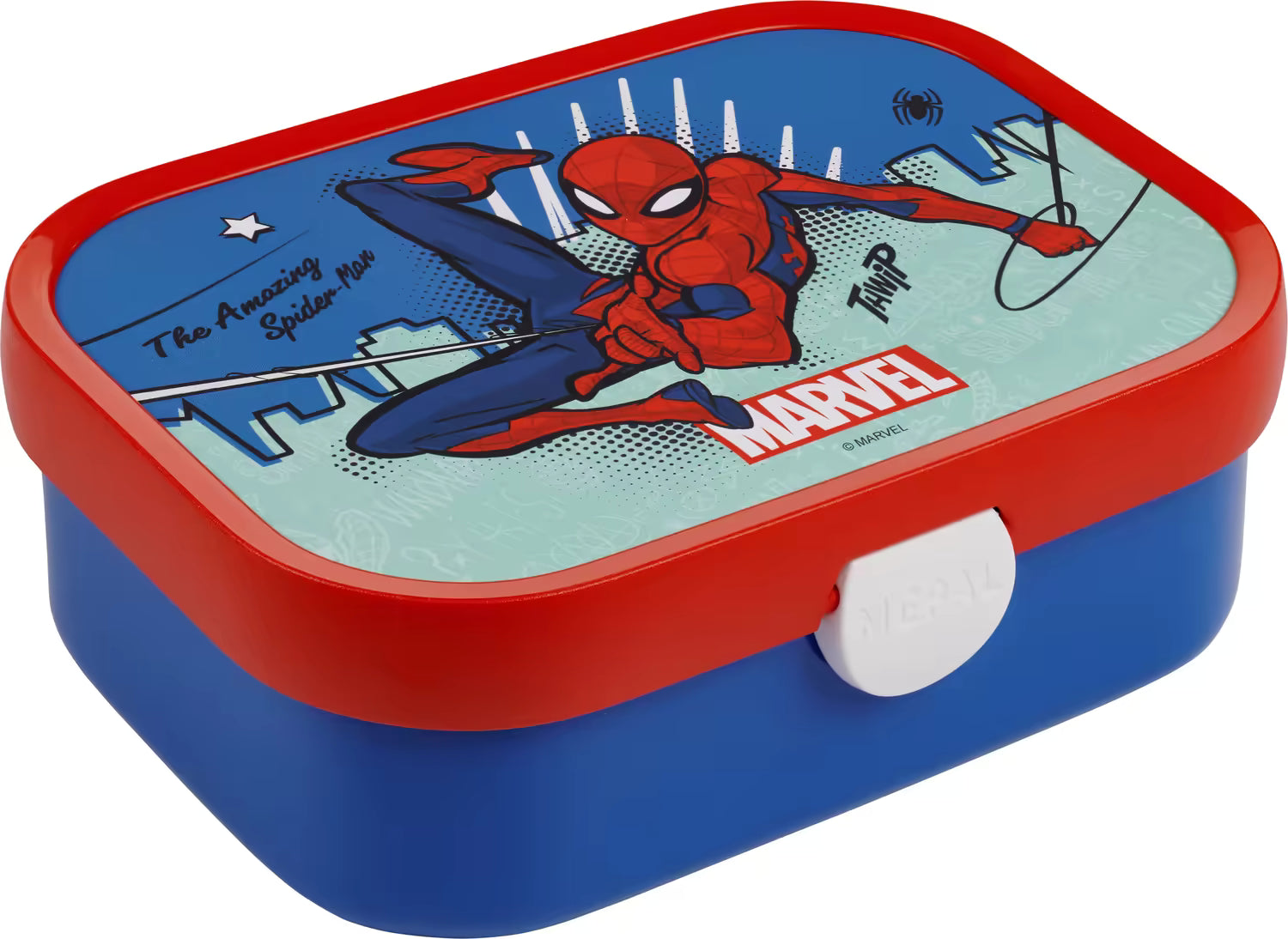 Detailfoto van Mepal lunchbox met Marvel Spiderman print op rood-blauwe broodtrommel kind, ideaal voor school.