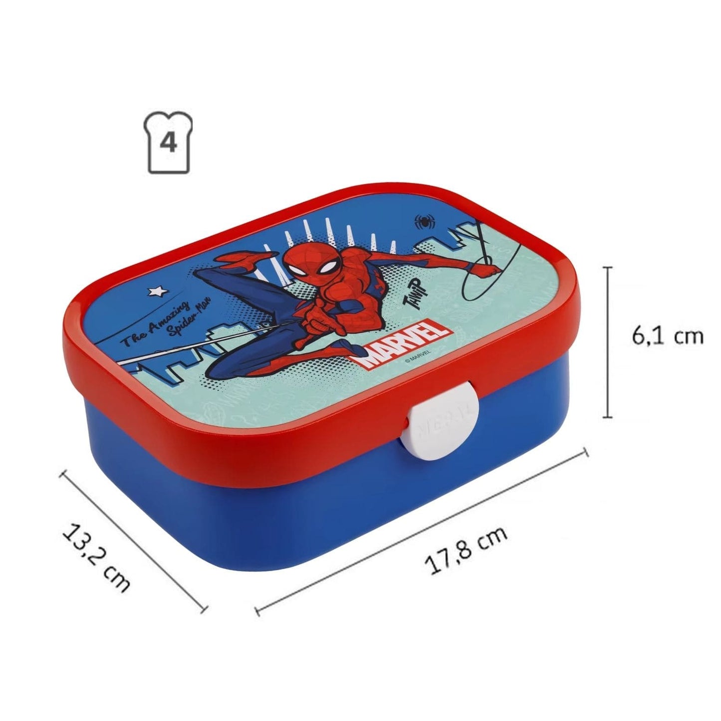 Marvel Spiderman Mepal lunchbox met afmetingen 17,8 x 13,2 cm, geschikt voor vier boterhammen voor kinderen.