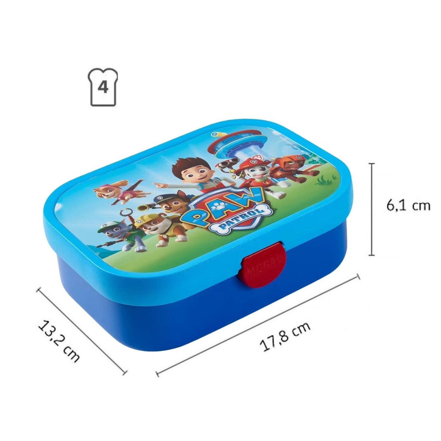 paw patrol mepal lunchbox met afmetingen 17,8 x 13,2 cm, geschikt voor vier boterhammen voor kinderen.
