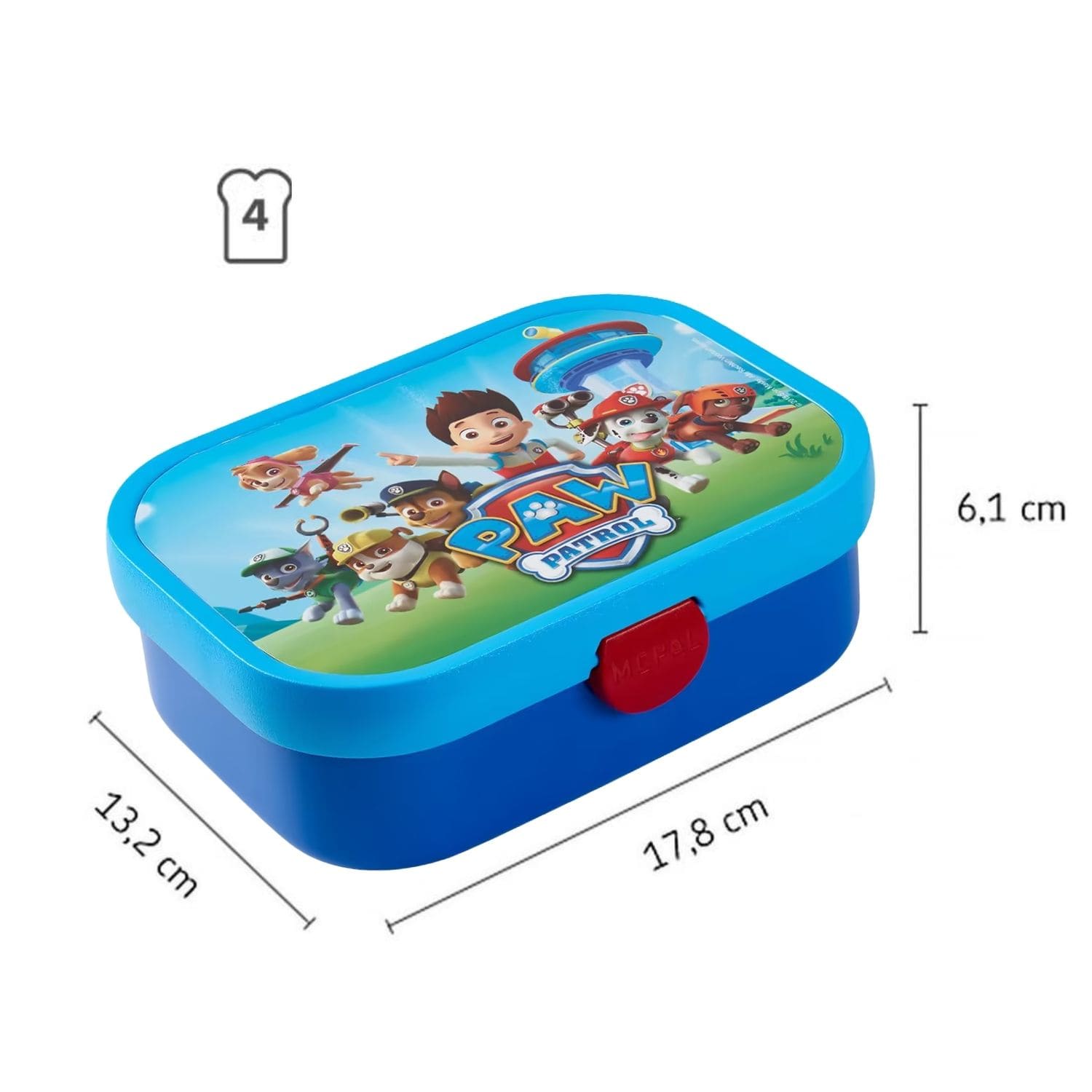 paw patrol mepal lunchbox met afmetingen 17,8 x 13,2 cm, geschikt voor vier boterhammen voor kinderen.