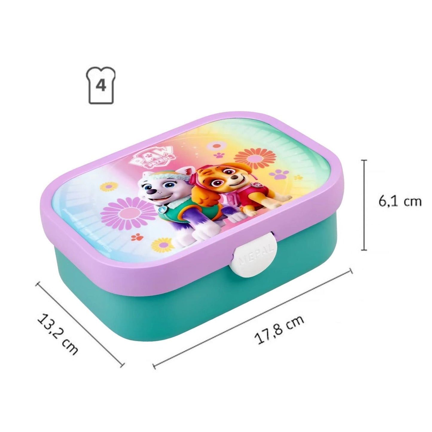 Marvel Spiderman Mepal lunchbox met afmetingen 17,8 x 13,2 cm, geschikt voor vier boterhammen voor kinderen.