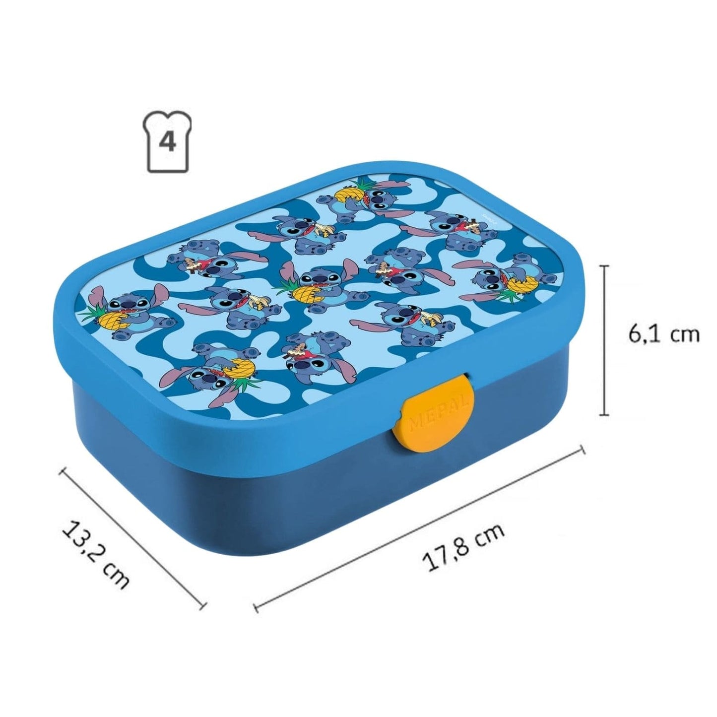 Disney Stitch Mepal lunchbox met afmetingen 17,8 x 13,2 cm, geschikt voor vier boterhammen voor kinderen.