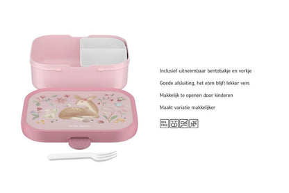 Uitleg Mepal lunchbox met uitneembaar bentobakje en vorkje, kindvriendelijk en praktisch voor gevarieerde lunch