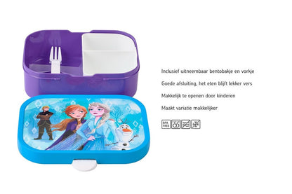 Uitleg Mepal lunchbox met uitneembaar bentobakje en vorkje, kindvriendelijk en praktisch voor gevarieerde lunch