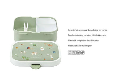 Uitleg Mepal lunchbox met uitneembaar bentobakje en vorkje, kindvriendelijk en praktisch voor gevarieerde lunch