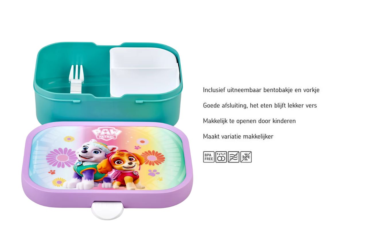 Uitleg Mepal lunchbox met uitneembaar bentobakje en vorkje, kindvriendelijk en praktisch voor gevarieerde lunch