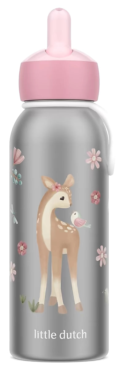 Mepal rvs Isoleerfles 350 ml roze flip-up dop, Little Dutch design met hertje en vogeltje voor kinderen.