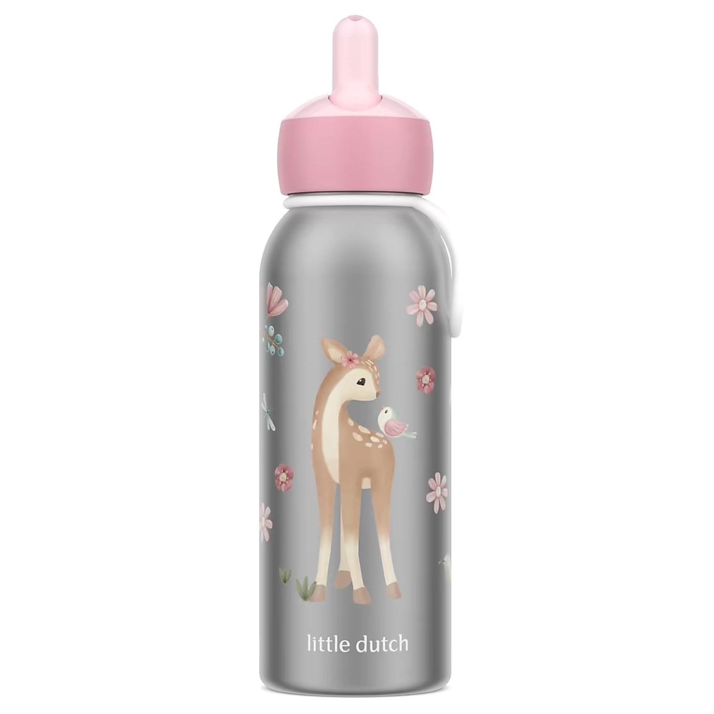 Mepal rvs Isoleerfles 350 ml roze flip-up dop, Little Dutch design met hertje en vogeltje voor kinderen.