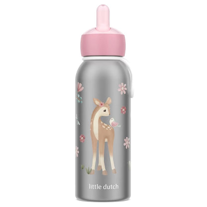 Mepal rvs Isoleerfles 350 ml roze flip-up dop, Little Dutch design met hertje en vogeltje voor kinderen.