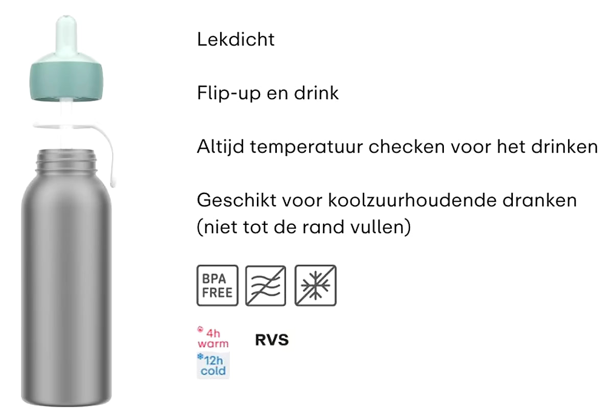 Mepal Isoleerfles Little Dutch 350 ml, kinderen drinken gemakkelijk uit flip-up rietje voor school en onderweg.