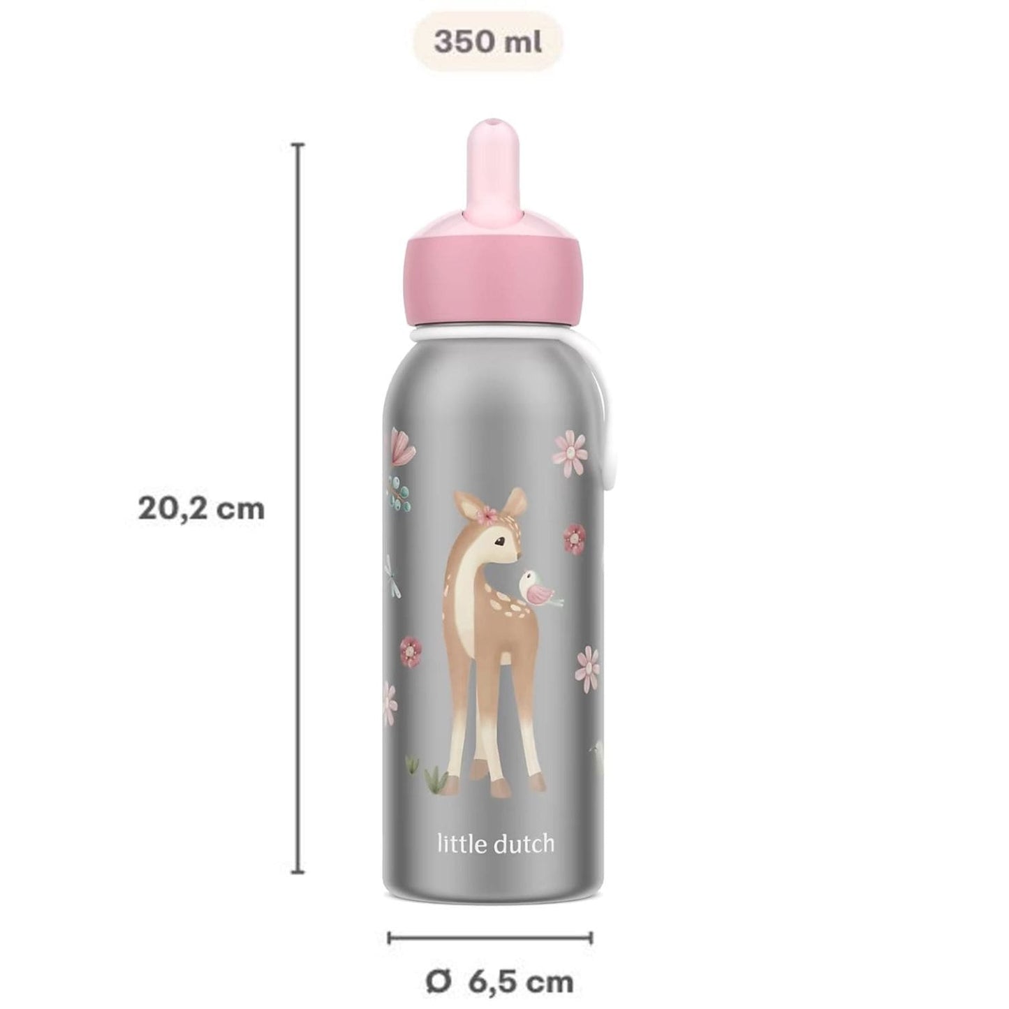 isoleerfles little dutch Mepal 350 ML met afmetingen 20,2 cm hoog en 6,5 cm diameter met fairy garden print