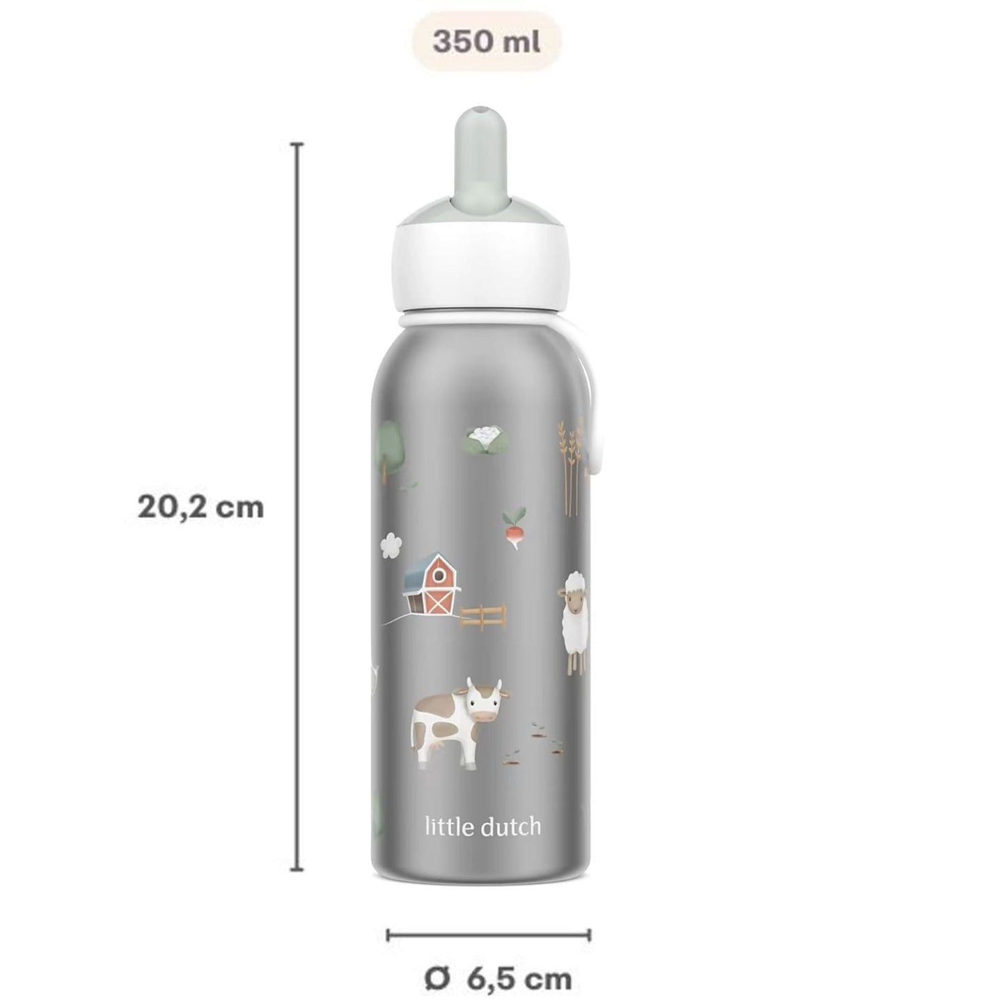 isoleerfles little dutch Mepal 350 ML met afmetingen 20,2 cm hoog en 6,5 cm diameter met little farm print