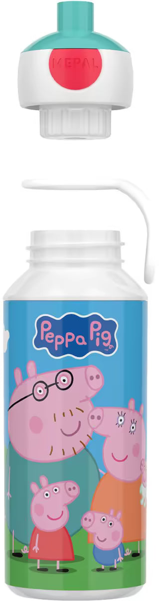 Praktische metal drinkfles voor kinderen met Peppa Pig print, los deksel zichtbaar, veilig en makkelijk schoon te maken.