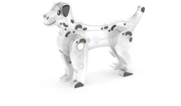 Transparante zwart-witte speelgoedhond van MicroMags, passend bij de Fire Station set.