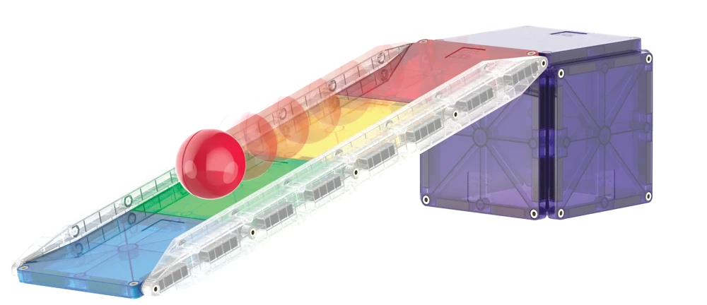 MicroMags magnetisch speelgoed met transparante glijbaan en rode knikker, perfect voor creatief bouwen.