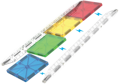 MicroMags onderdelen met magnetische tegels en transparante knikkerbaan, compatibel met knikker speelgoed.
