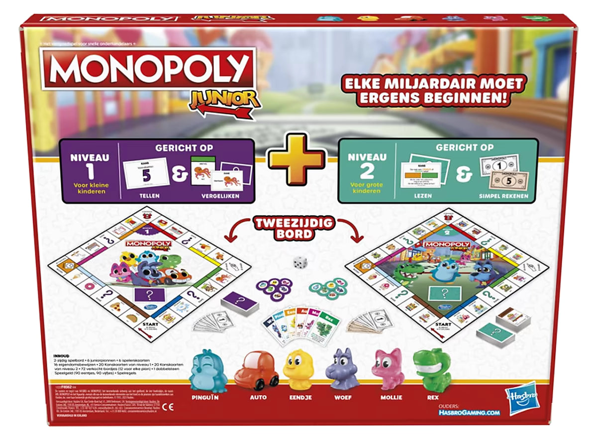 Monopoly Junior gezelschapsspel, achterzijde doos toont tweezijdig speelbord en onderdelen, ideaal voor familiespel.
