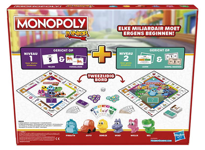 Monopoly Junior gezelschapsspel, achterzijde doos toont tweezijdig speelbord en onderdelen, ideaal voor familiespel.