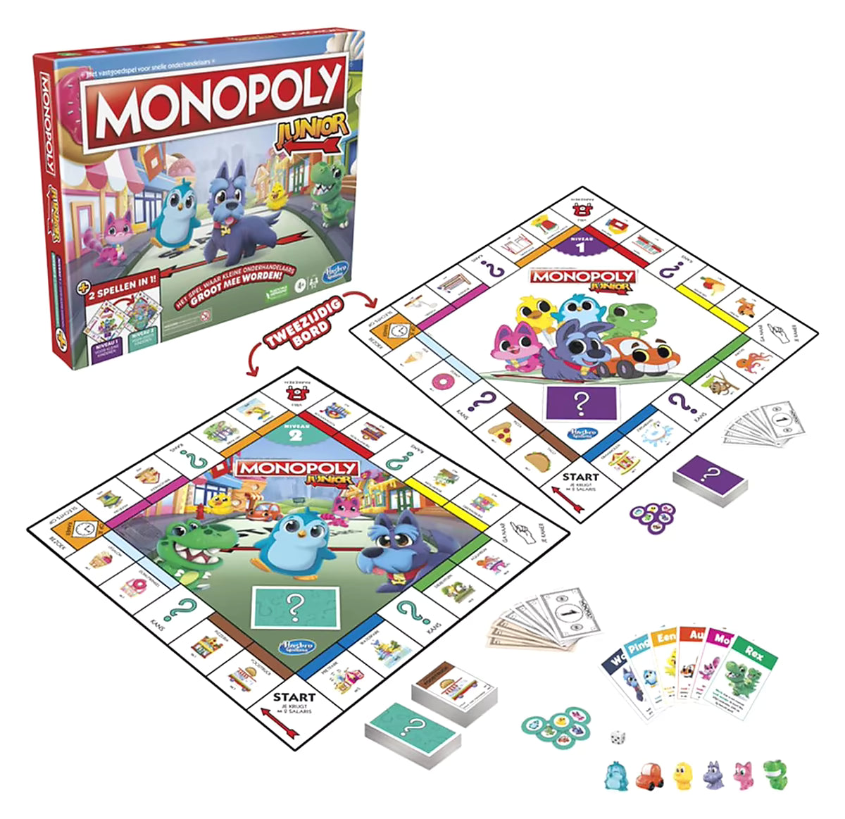 Monopoly Junior bordspel met tweezijdig speelbord, speelstukken en kaarten, kleurrijk familiespel voor jonge kinderen.