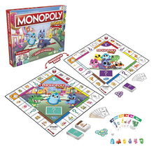 Monopoly Junior bordspel met tweezijdig speelbord, speelstukken en kaarten, kleurrijk familiespel voor jonge kinderen.