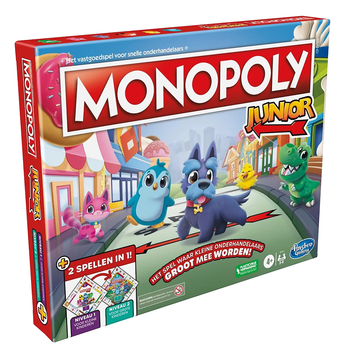 Monopoly Junior bordspel van Hasbro, voorkant verpakking met kleurrijke dierenfiguren, ideaal voor monopoly kinderen.