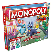 Monopoly Junior bordspel van Hasbro, voorkant verpakking met kleurrijke dierenfiguren, ideaal voor monopoly kinderen.