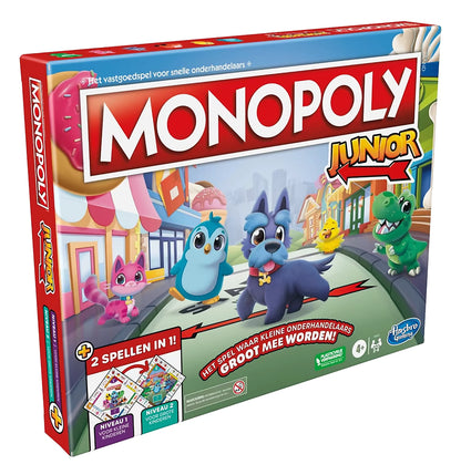 Monopoly Junior bordspel van Hasbro, voorkant verpakking met kleurrijke dierenfiguren, ideaal voor monopoly kinderen.