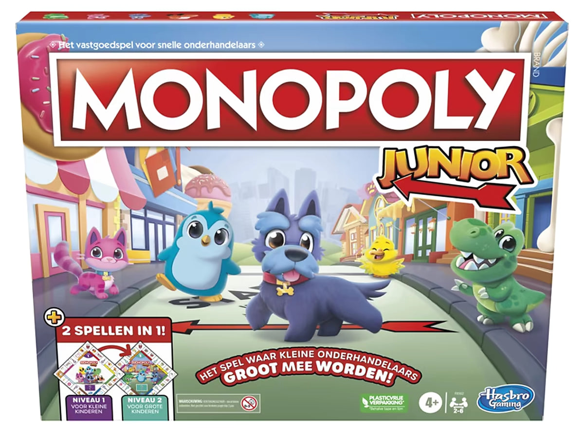 Monopoly Junior familiespel van Hasbro, kleurrijke voorkant verpakking met hond Woef, eendje en pinguïn figuren.