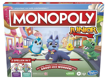 Monopoly Junior familiespel van Hasbro, kleurrijke voorkant verpakking met hond Woef, eendje en pinguïn figuren.