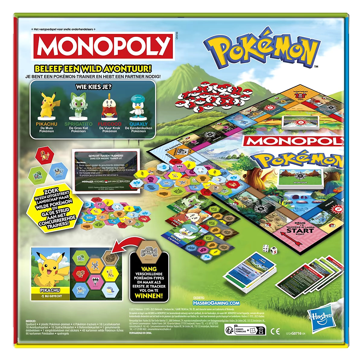 Achterzijde verpakking Monopoly Pokémon bordspel van Hasbro met uitleg, Pikachu illustratie en overzicht van spelonderdelen.