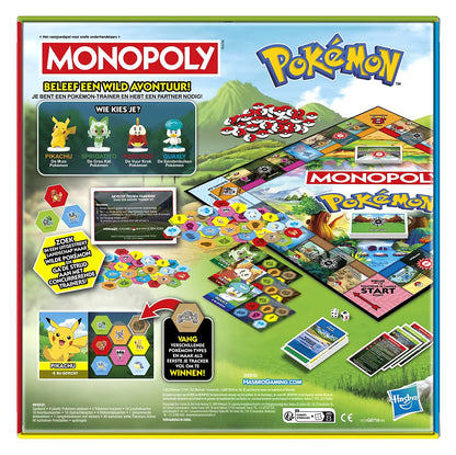 Achterzijde verpakking Monopoly Pokémon bordspel van Hasbro met uitleg, Pikachu illustratie en overzicht van spelonderdelen.
