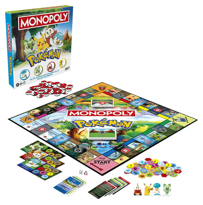 Monopoly Pokémon familiespel van Hasbro met speelbord, kaarten, fiches en pionnen van Pikachu en starters Pokémon.