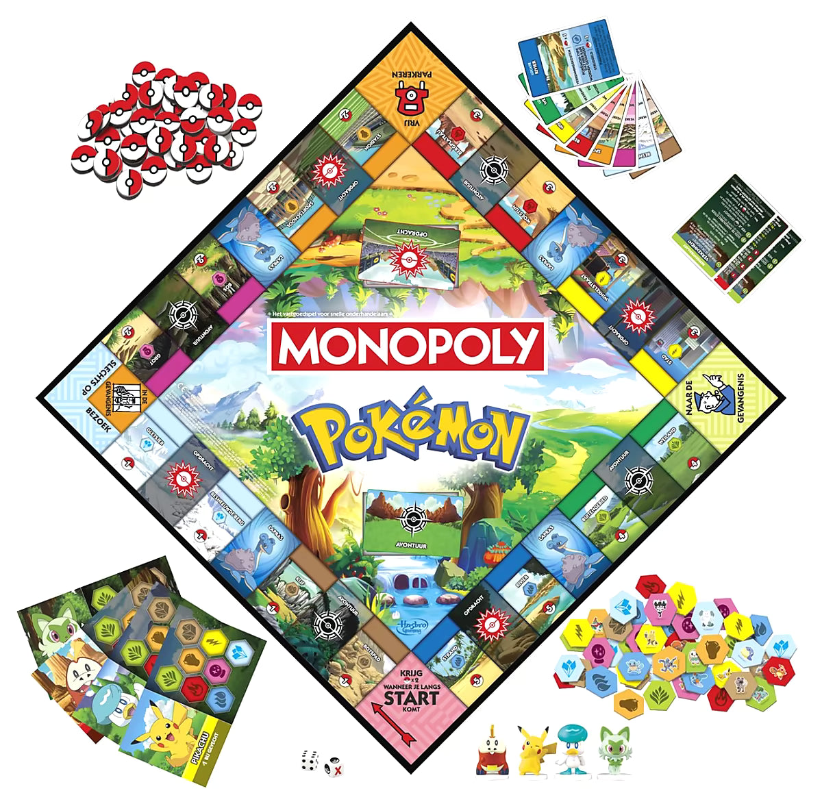 Monopoly Pokémon bordspel van Hasbro in bovenaanzicht met speelkaarten, dobbelstenen, fiches en kleurrijke pionnen.