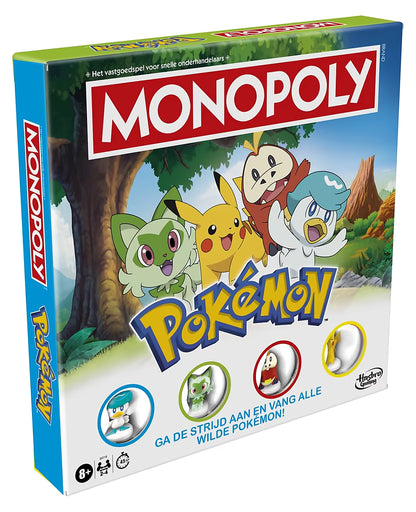 Monopoly Pokémon Hasbro bordspel voorkant verpakking met Pikachu, Sprigatito, Fuecoco en Quaxly voor kinderen.