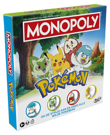 Monopoly Pokémon voorkant verpakking met Pikachu, Sprigatito, Fuecoco en Quaxly van Hasbro