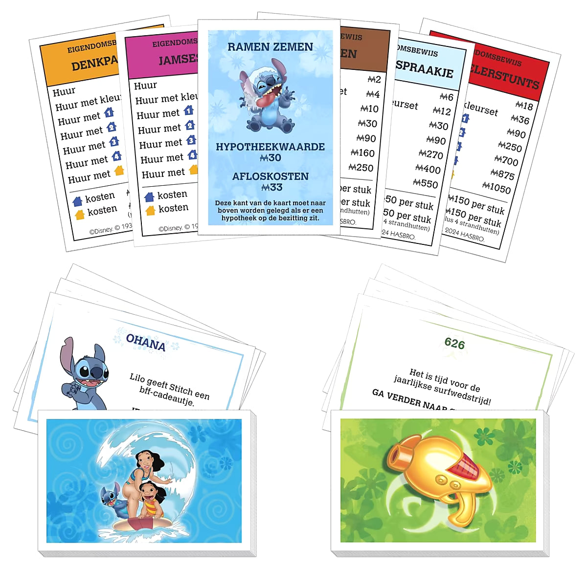 Monopoly Stitch Disney speelkaarten en eigendomsbewijzen met kleurrijke illustraties van Stitch.