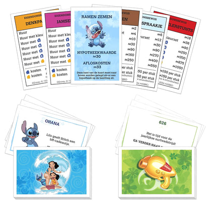 Monopoly Stitch Disney speelkaarten en eigendomsbewijzen met kleurrijke illustraties van Stitch.