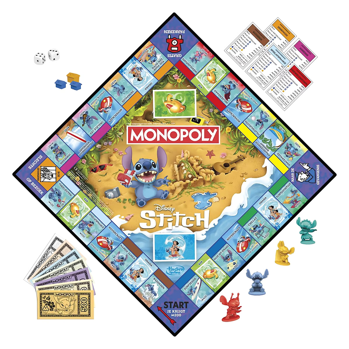 Monopoly Stitch Disney bordspel in bovenaanzicht met speelbord, pionnen, kaarten en speelgeld.