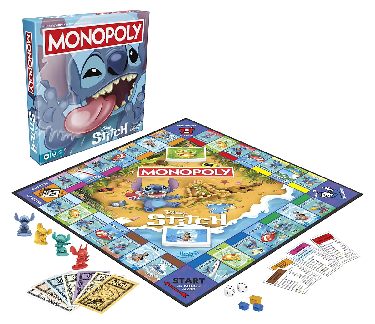 Monopoly Stitch Disney bordspel van Hasbro met speelbord, pionnen, speelkaarten en geldbiljetten.