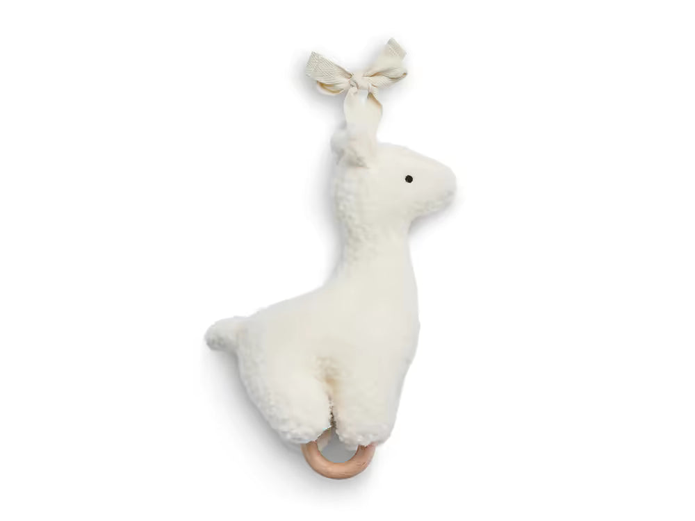 Zacht off-wit Jollein Muziekdoosje Lama van pluche met houten ring, ideaal als muziekdoosje baby of kraamcadeau.
