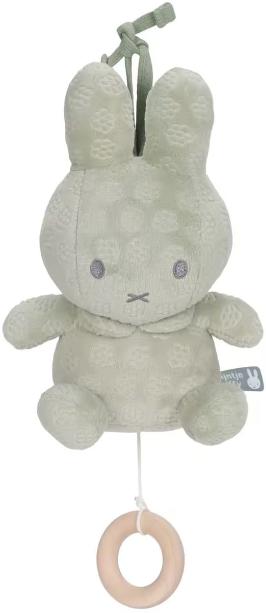 Muziekdoosje Nijntje green flower in pluche met houten ring, los afgebeeld als kraamcadeau en babyhanger voor de wieg.