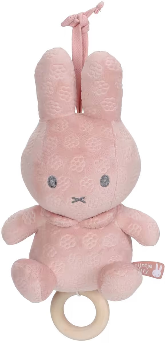Muziekdoosje Nijntje in zacht roze pluche met bloemmotief, ideaal baby cadeau en sensorisch speelgoed.
