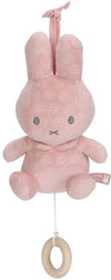 Muziekdoosje Nijntje roze pluche met bloemenpatroon en houten ring, schattig kraamcadeau voor baby’s.
