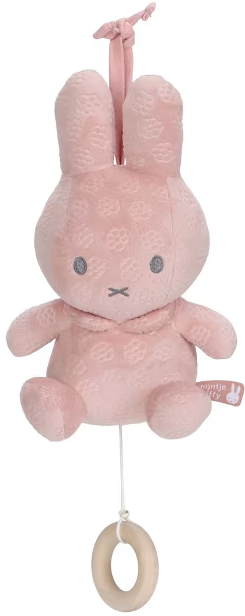 Muziekdoosje Nijntje roze pluche met bloemenpatroon en houten ring, schattig kraamcadeau voor baby’s.