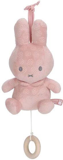 Muziekdoosje Nijntje roze pluche met bloemenpatroon en houten ring, schattig kraamcadeau voor baby’s.
