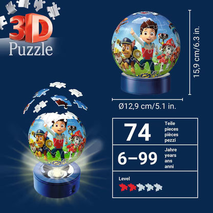 Nachtlampje baby en kinderen, Ravensburger 3D puzzel Paw Patrol met 74 stukken en stevige basis.