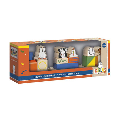 Voorkant verpakking van Nijntje Blokkentrein, houten blokken trein met kleurrijke dieren, geschikt vanaf 18 maanden.