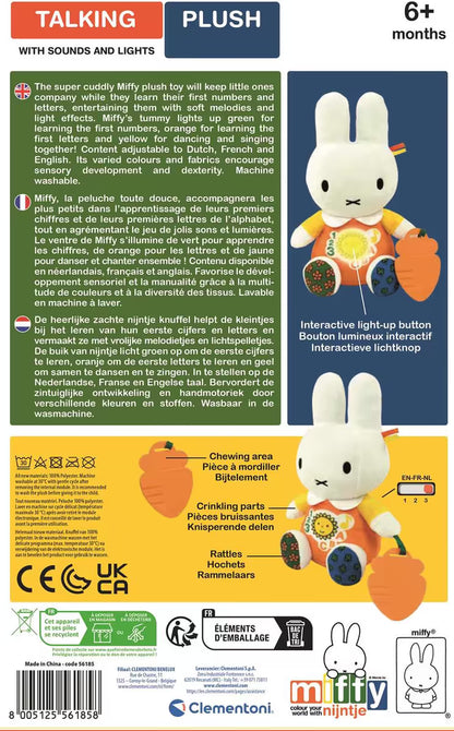 Achterzijde verpakking Nijntje Knuffel sprekende pop met lampjes, uitleg functies educatief speelgoed voor baby’s.